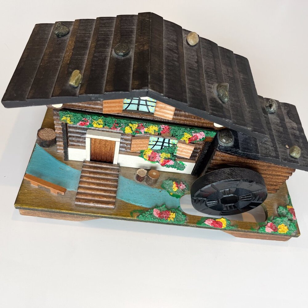 Swiss Chalet Music Box Jewelry Water Wheel Vintage Japan Wood
